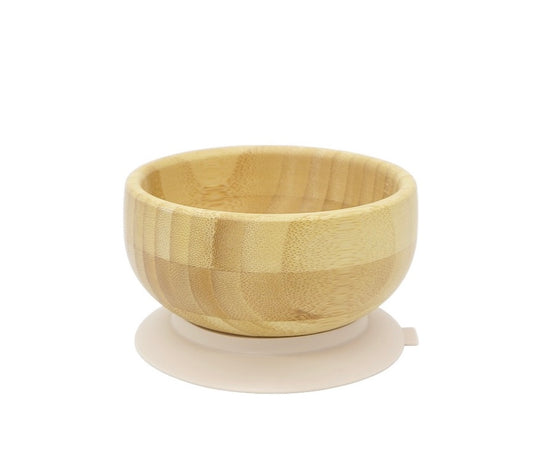 “Bamboo baby suction bowl with beige silicone base, BPA-free and eco-friendly”