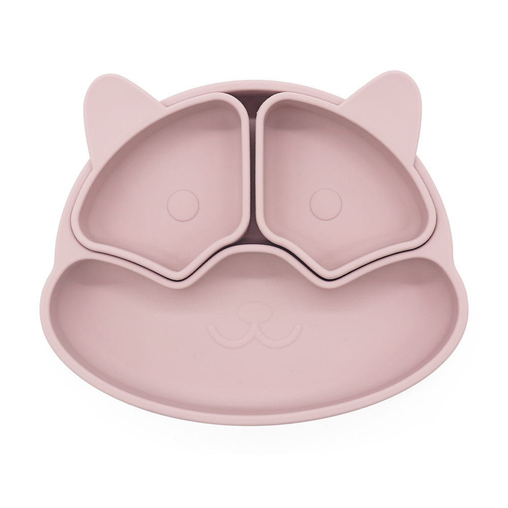 Rose pink silicone suction plate with divided sections for baby feeding. Non-slip and made from BPA-free food-grade silicone.