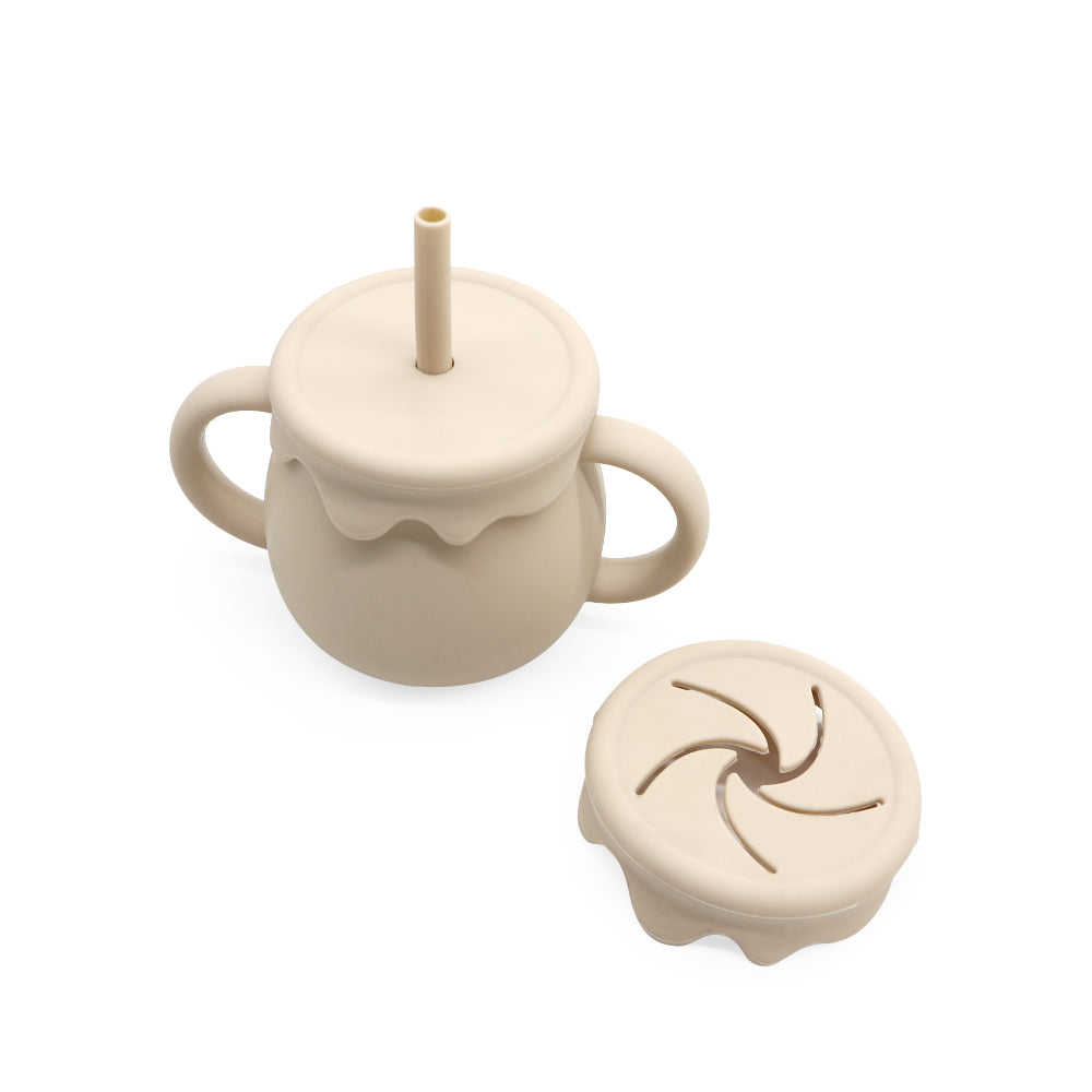 Mess-free snack cup lid with silicone flaps in blue, part of 2-in-1 Sip and Snack Cup set