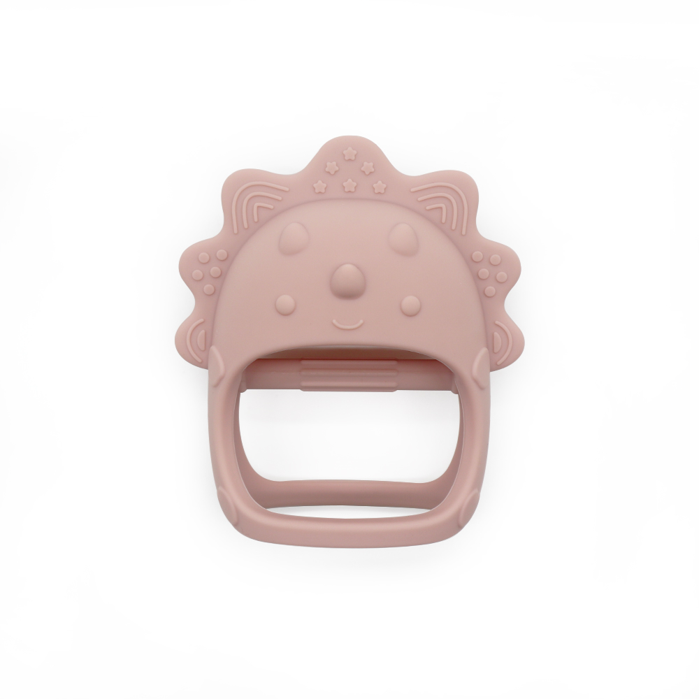Pink dinosaur-shaped baby teething toy with soft bite texture and handle
