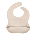 
The EleBib – Beige silicone baby bib with adjustable neck and deep food catcher pocket, BPA-free and waterproof