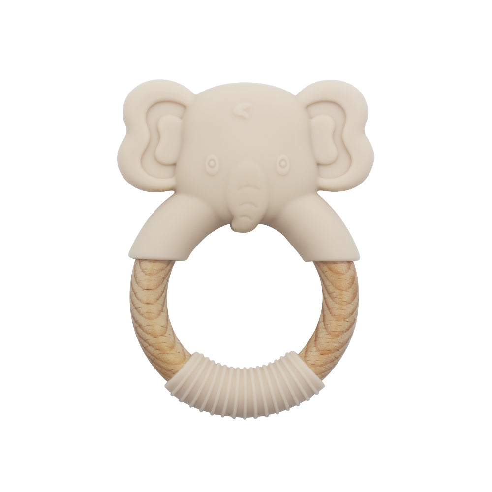 EleTeether elephant baby teether in beige – silicone and wood ring teether
