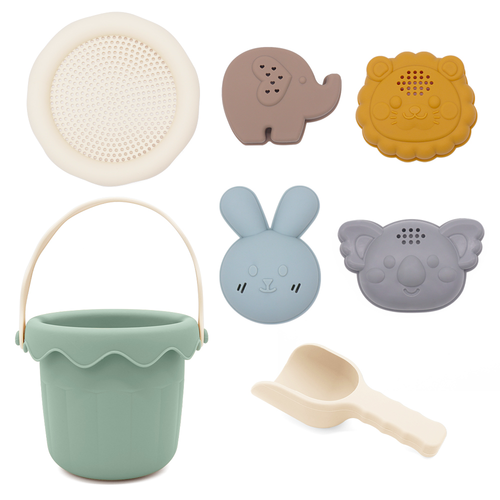 Bunny Bucket and Friends – silicone sand toy set with animal molds, bucket, and scoop