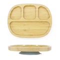 “Eco-friendly bamboo suction plate with dusty blue base, BPA-free with three compartments for toddler meals”