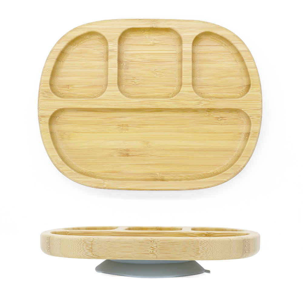 “Eco-friendly bamboo suction plate with dusty blue base, BPA-free with three compartments for toddler meals”