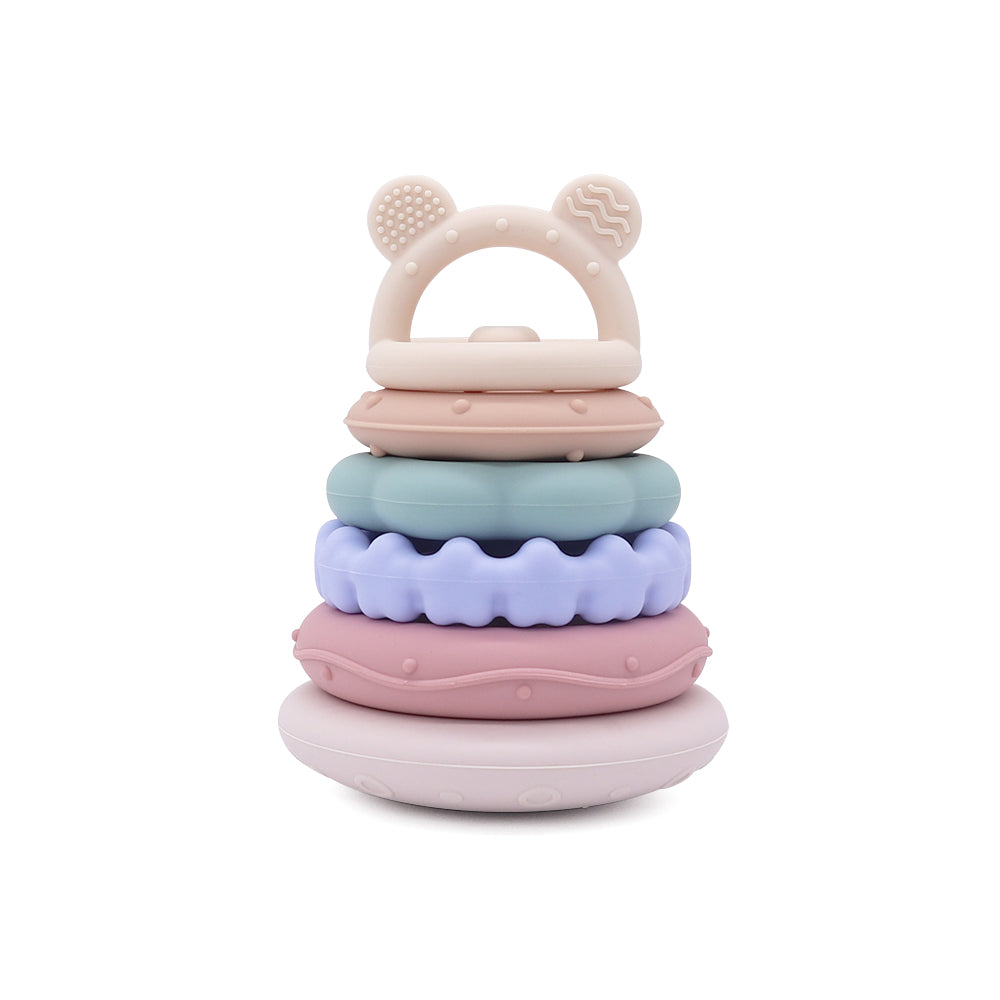 “Colorful silicone stacking toy set for babies with textured rings, pop-it buttons, and bear-shaped handles”