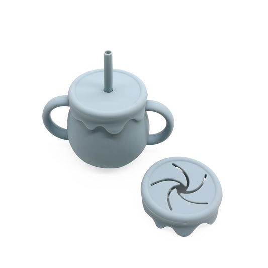 2-in-1 Dusty Blue silicone Sip and Snack Cup with straw lid and snack lid for toddlers