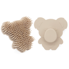 “Beige koala-shaped silicone baby bath scrubber with soft bristles”