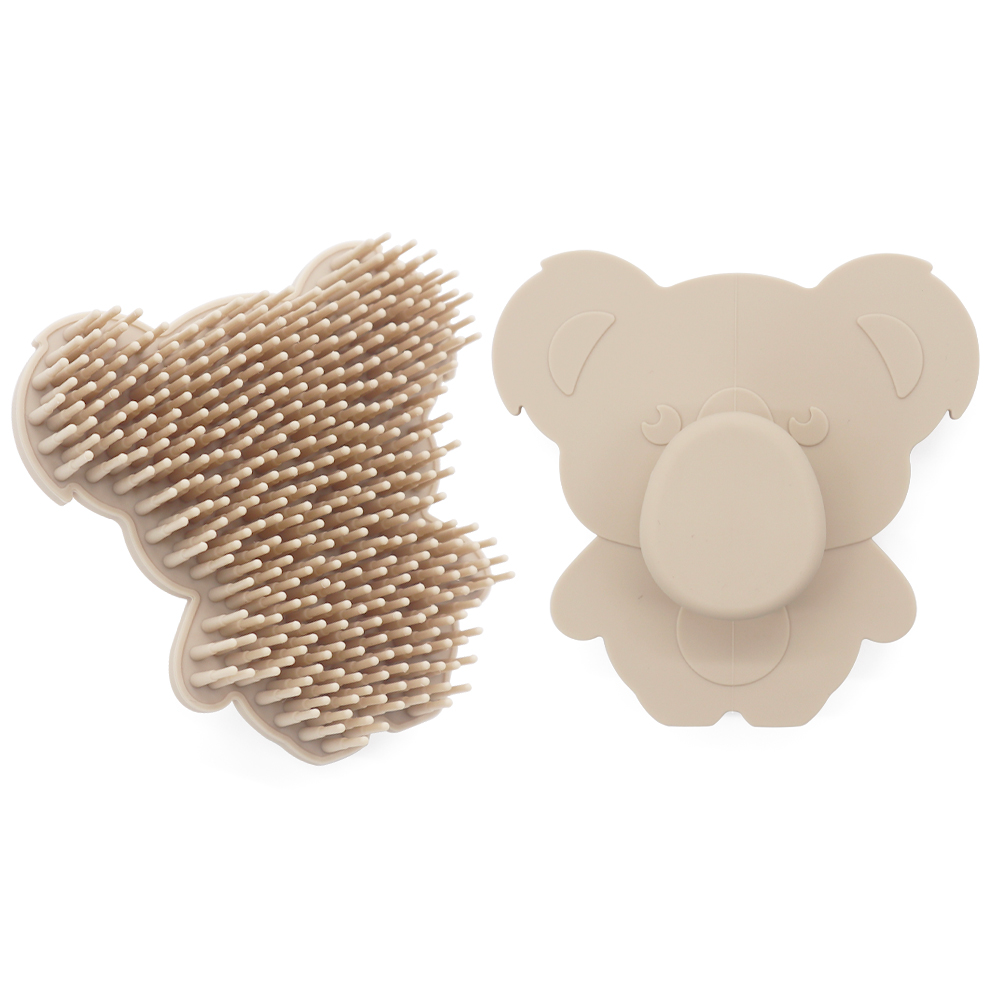 “Beige koala-shaped silicone baby bath scrubber with soft bristles”