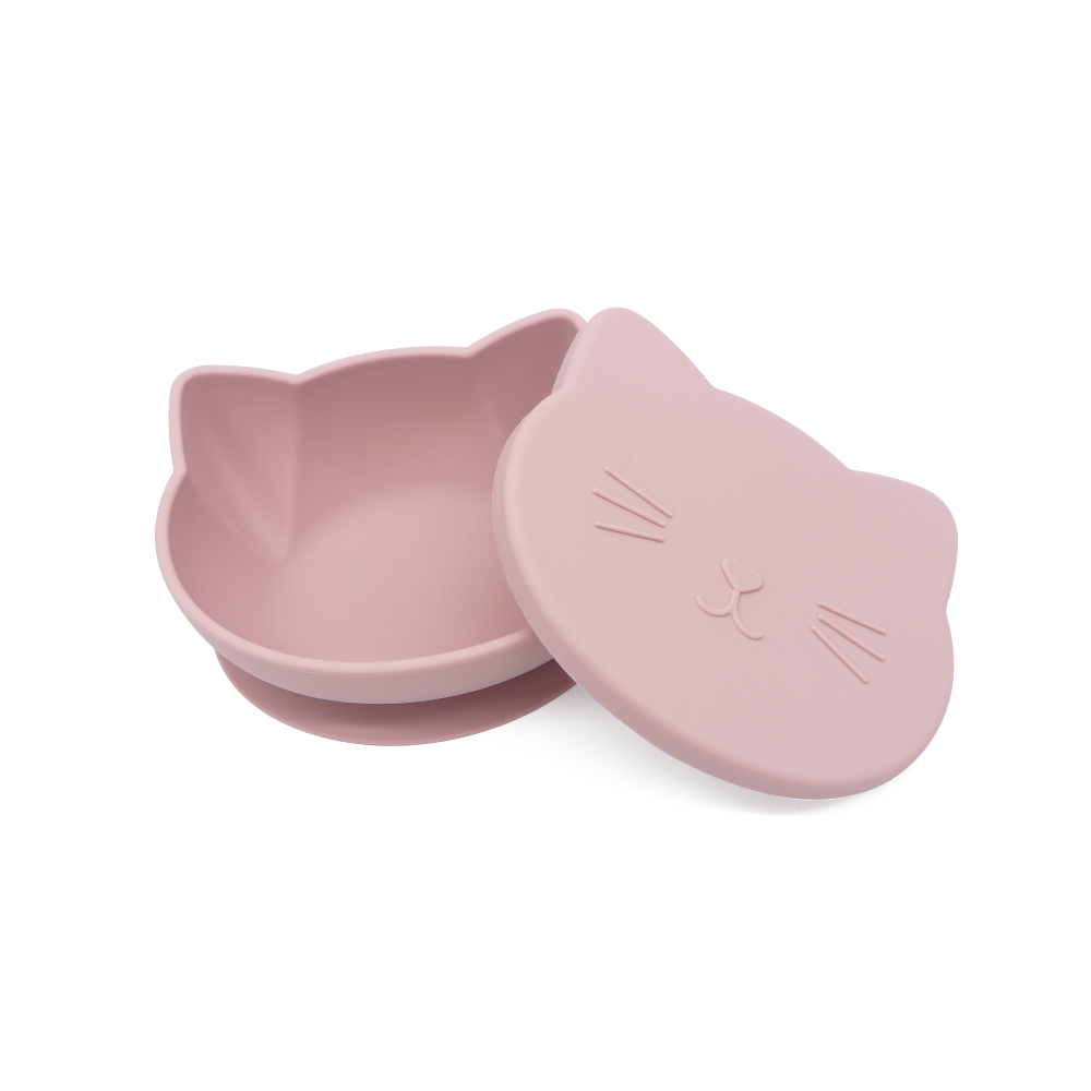 Pink cat-shaped silicone bowl with lid for toddlers and babies – non-slip, BPA-free, and microwave safe
