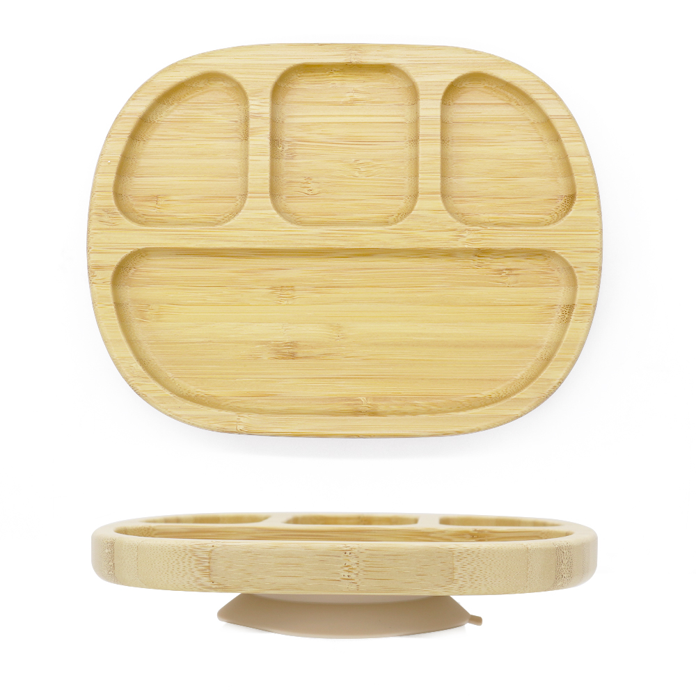 
“Bamboo baby plate with beige silicone suction base, divided into three sections, eco-friendly and non-slip”