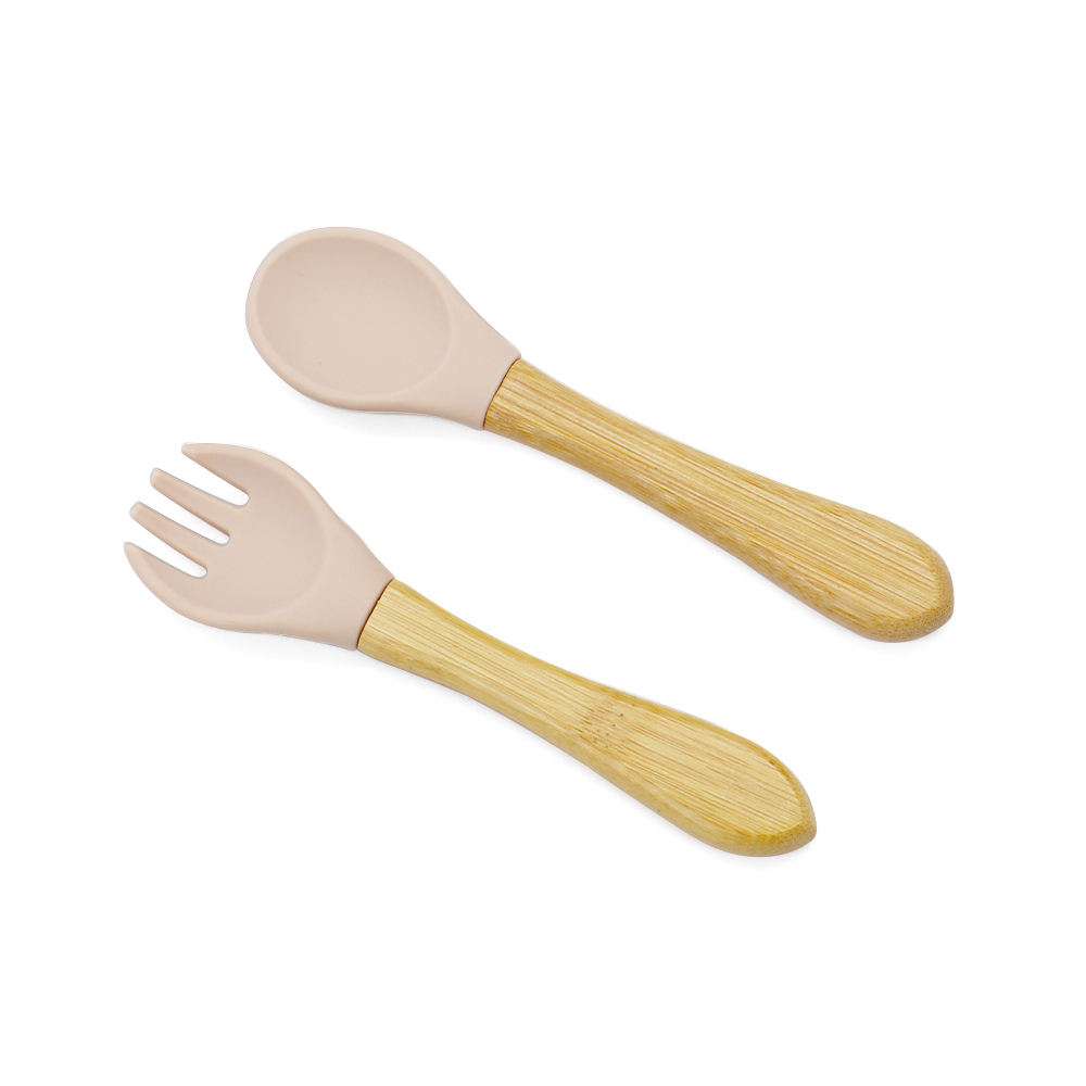 First Grip Cutlery in beige – bamboo handle spoon and fork with silicone tips