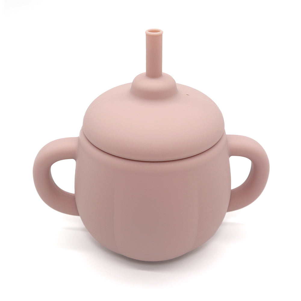 3-in-1 FlexiSip silicone training cup in rose pink with handles and straw – convertible baby cup for drinking transitions