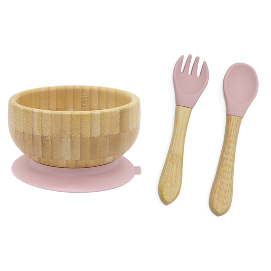 “Eco-friendly bamboo suction bowl in rose pink with soft silicone baby spoon and fork set”