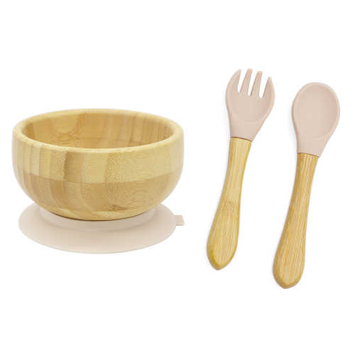 “Bamboo baby bowl with beige silicone suction base and matching spoon and fork set”