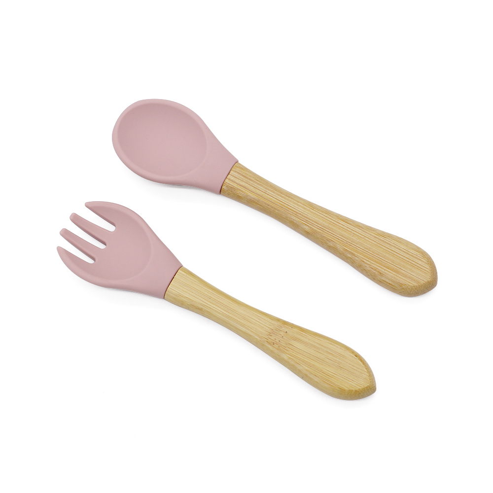 First Grip Cutlery in rose pink – bamboo handle spoon and fork with silicone tips