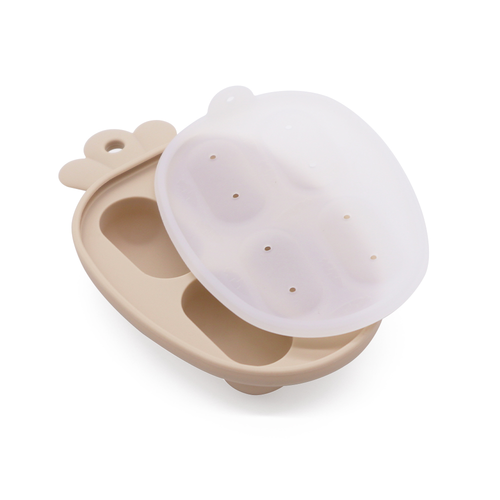 Pink silicone baby food freezer tray with lid, shaped like a carrot and designed for portioning breast milk, purees, or toddler snacks.