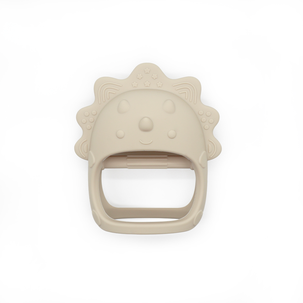 Beige Dino Bite silicone teether with easy grip for babies
