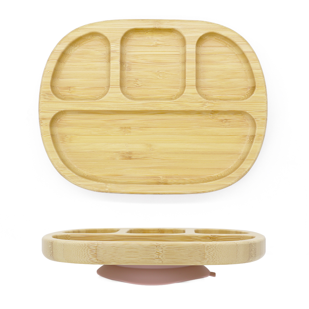 “Three-section bamboo baby feeding plate with rose pink silicone suction base, non-slip and food-safe”