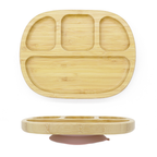 “Three-section bamboo baby feeding plate with rose pink silicone suction base, non-slip and food-safe”