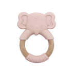 EleTeether elephant baby teether in rose pink – silicone and wood ring teether
