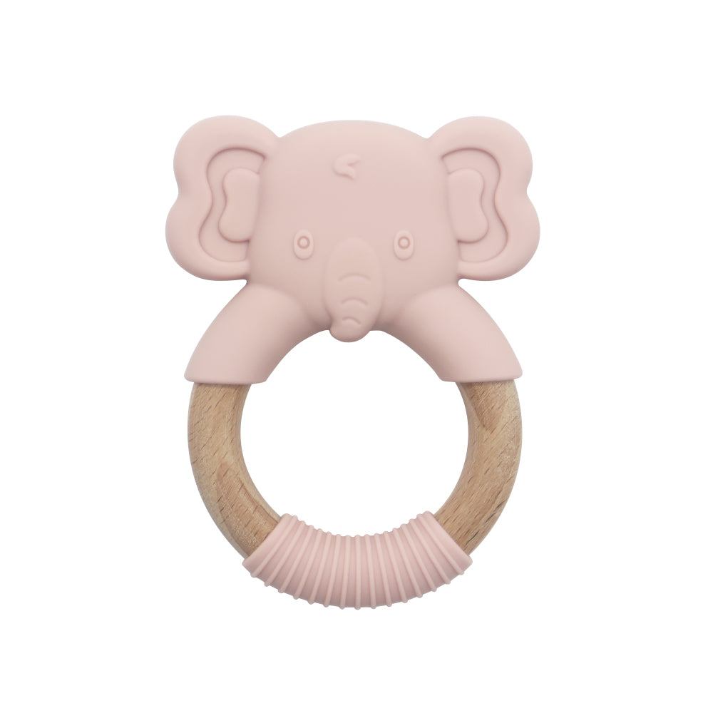 EleTeether elephant baby teether in rose pink – silicone and wood ring teether
