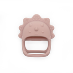 Pink dinosaur-shaped baby teething toy with soft bite texture and handle