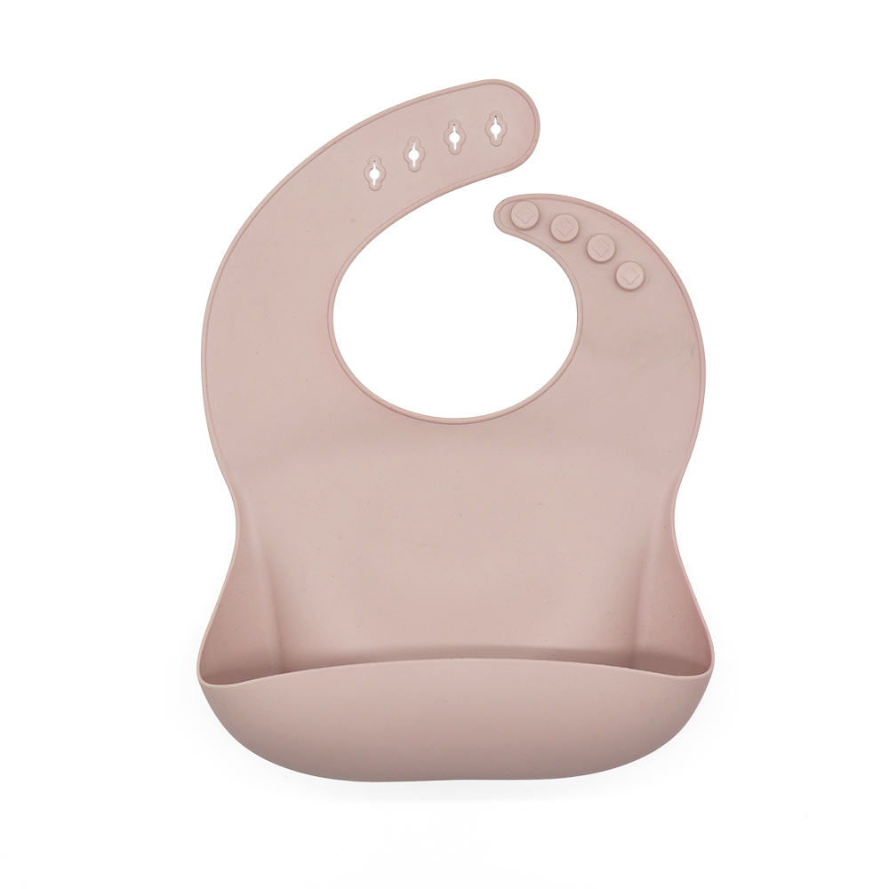 
The EleBib – Rose Pink silicone baby bib with adjustable neck and deep food catcher pocket, BPA-free and waterproof