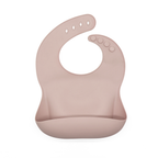
The EleBib – Rose Pink silicone baby bib with adjustable neck and deep food catcher pocket, BPA-free and waterproof