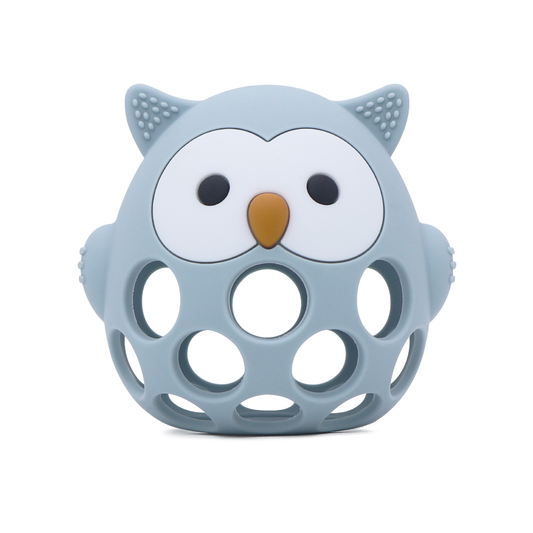 Wisebite Teether in dusty blue – owl-shaped silicone teether for babies