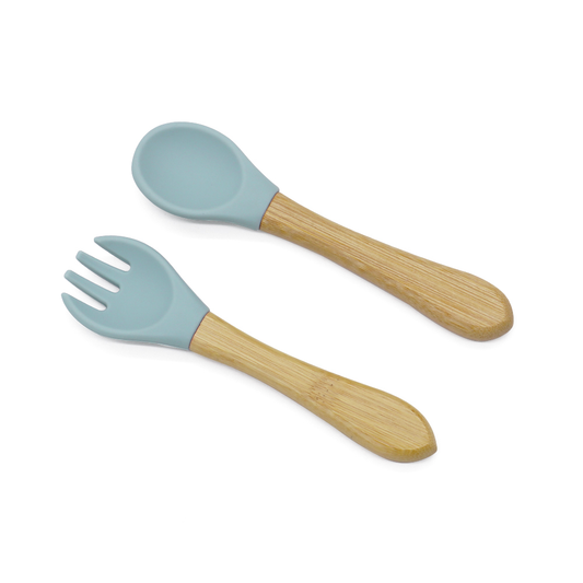 First Grip Cutlery in dusty blue – bamboo handle spoon and fork with silicone tips
