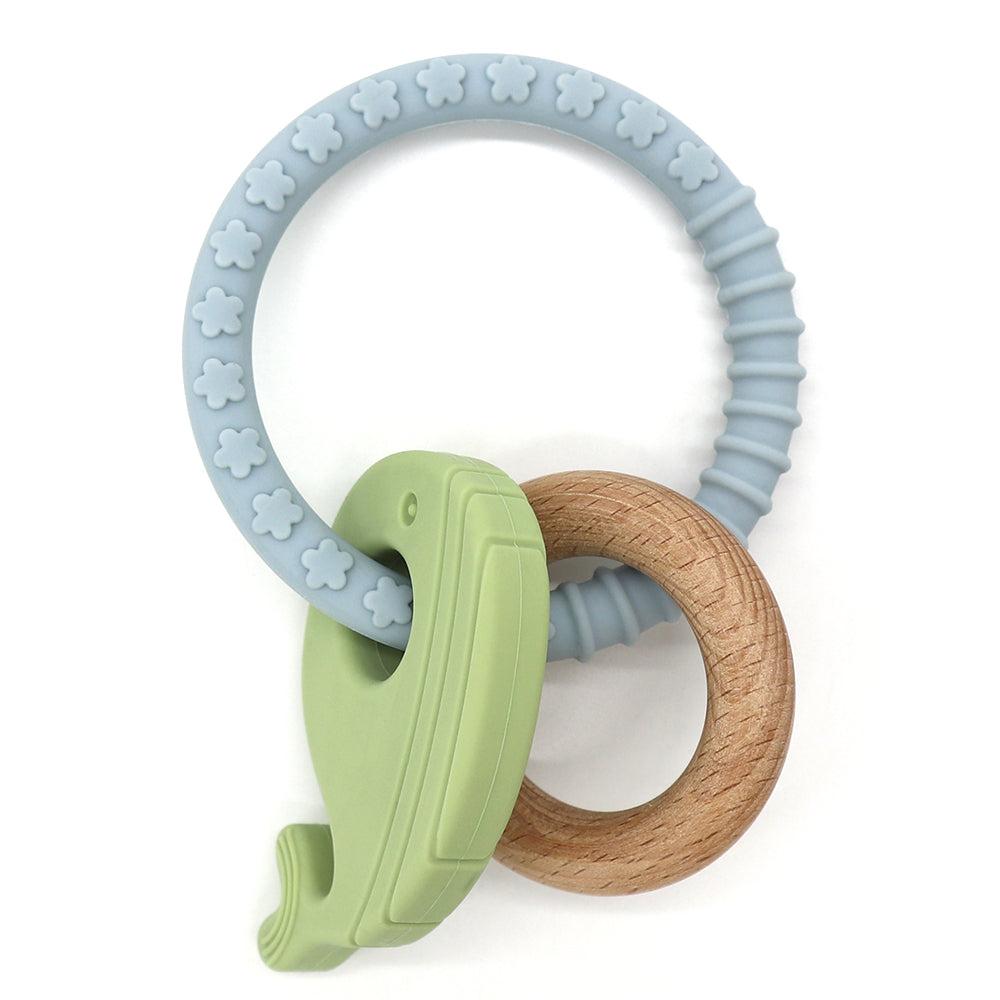 Mini Wander Chew baby teether with silicone and wooden rings in soft colors