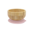 “Bamboo baby bowl with rose pink silicone suction base, perfect for baby-led weaning”