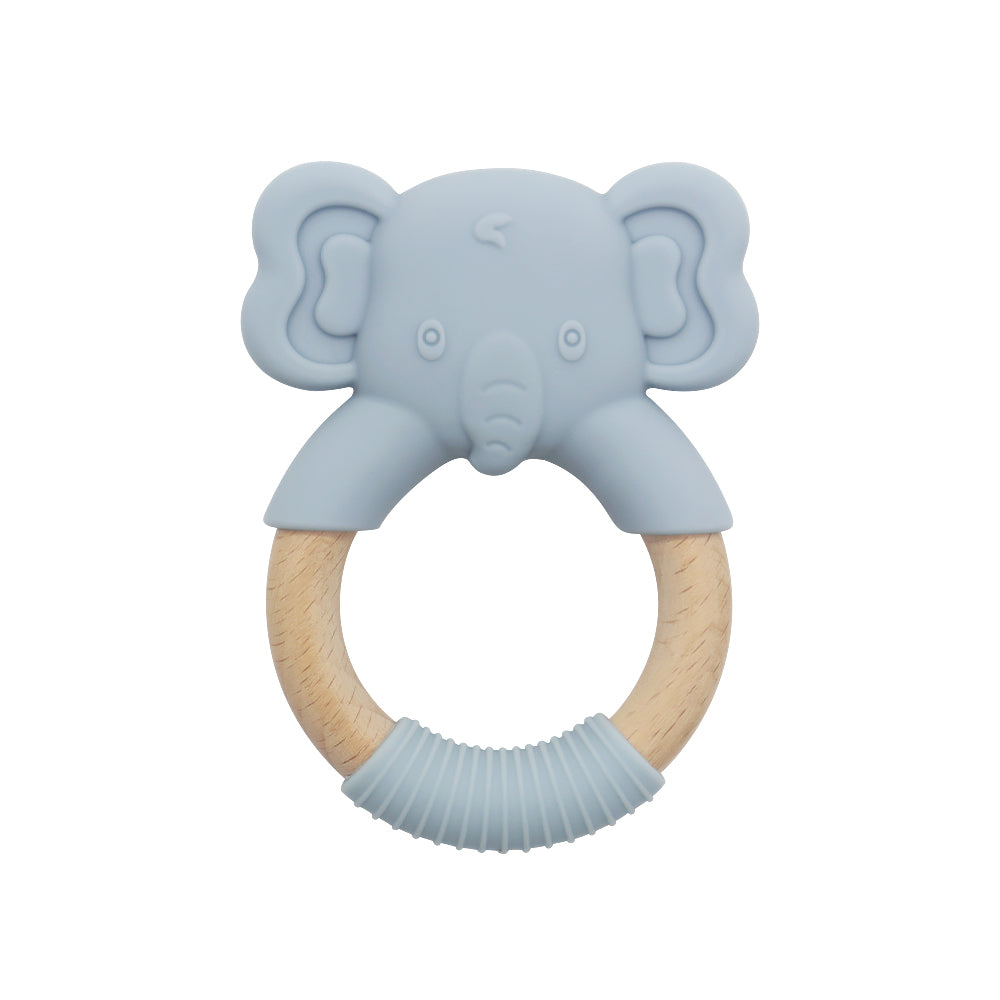EleTeether elephant baby teether in dusty blue – silicone and wood ring teether
