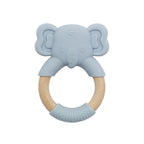 EleTeether elephant baby teether in dusty blue – silicone and wood ring teether
