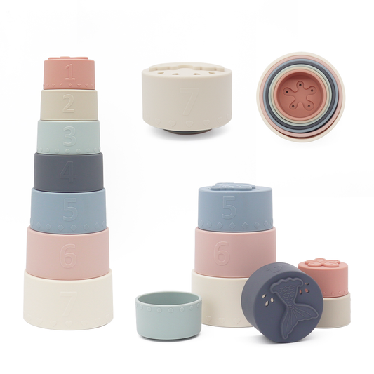 	7-piece silicone stacking cups with numbers and textures for toddlers