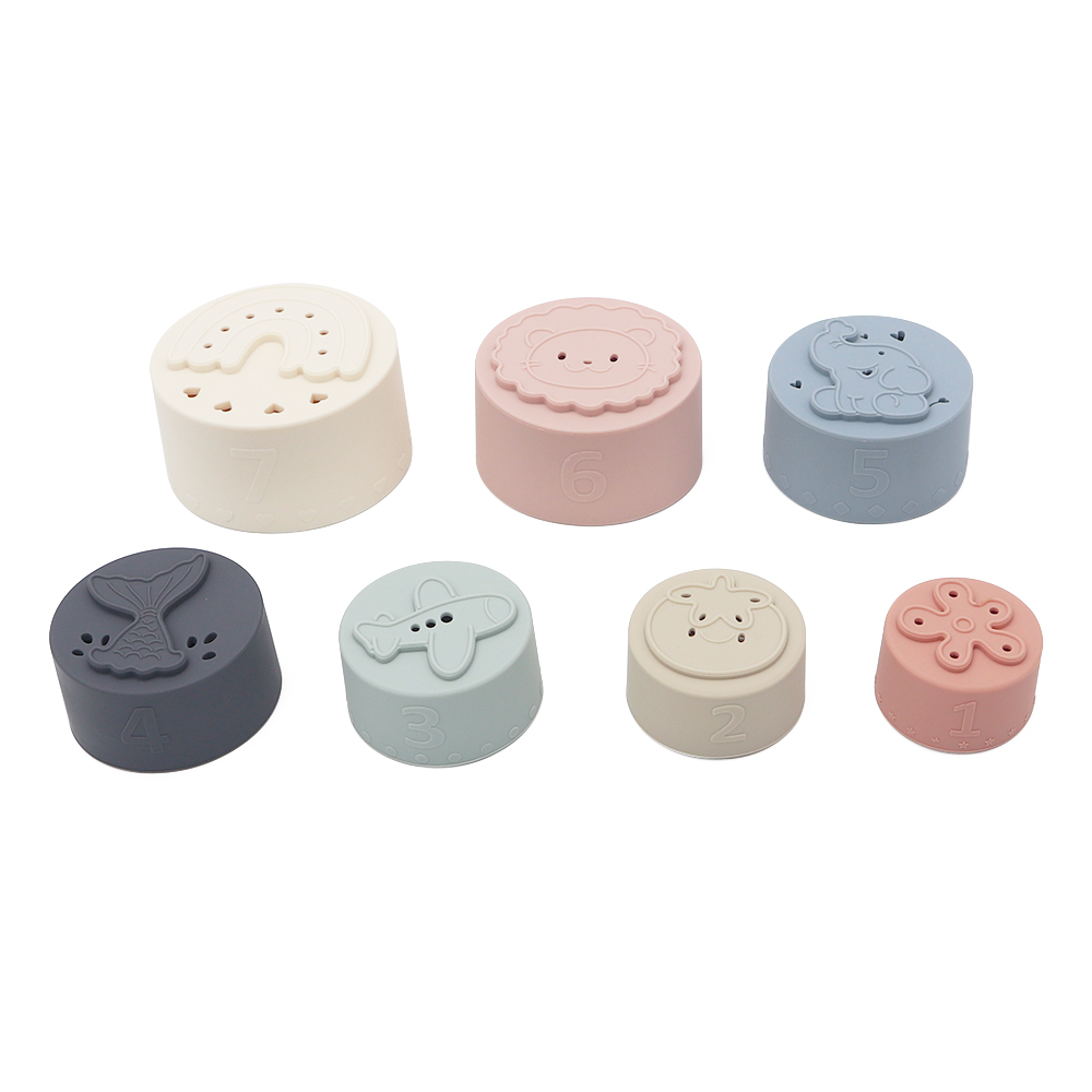 Educational stackable toy with pastel colors and animal patterns