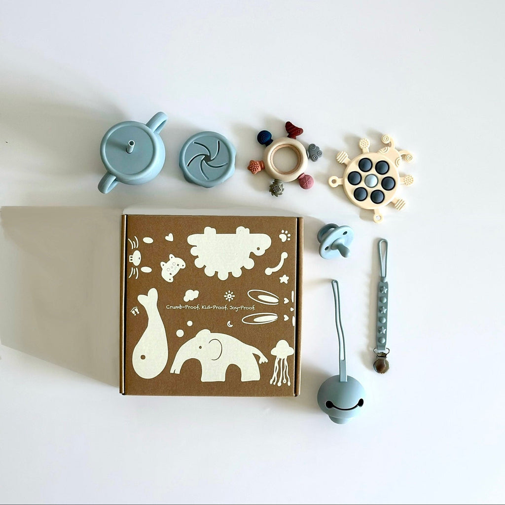 On-the-go baby essentials kit with silicone straw cup, snack cup, pacifier holder, toy strap, and sensory toys in gift box.”
