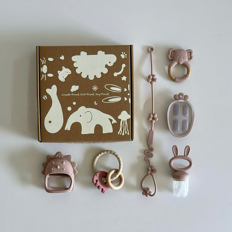 Six-piece baby teething set with BPA-free silicone toys including pacifier feeder, teether clip, rattles, and chewable rings, displayed with gift box.”
