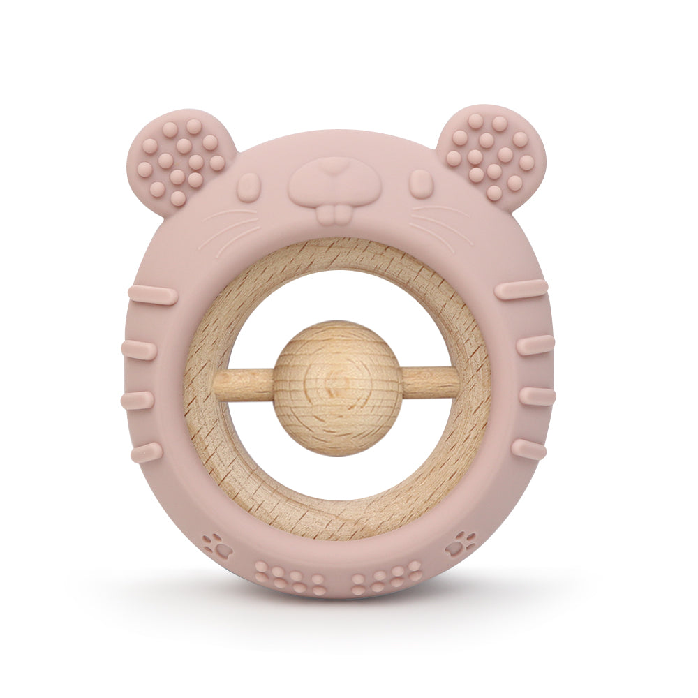 Teddy Twist Teether in rose pink – bear-shaped silicone and wood baby teether