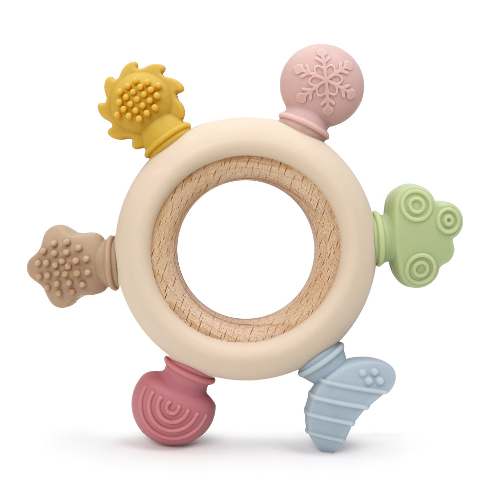 Tiny Textures Teether – round wooden teether with colorful silicone texture tips