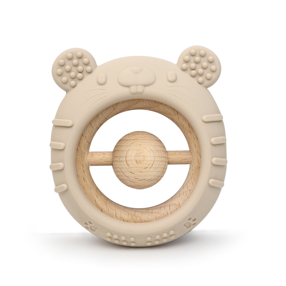 Teddy Twist Teether in beige – bear-shaped silicone and wood baby teether