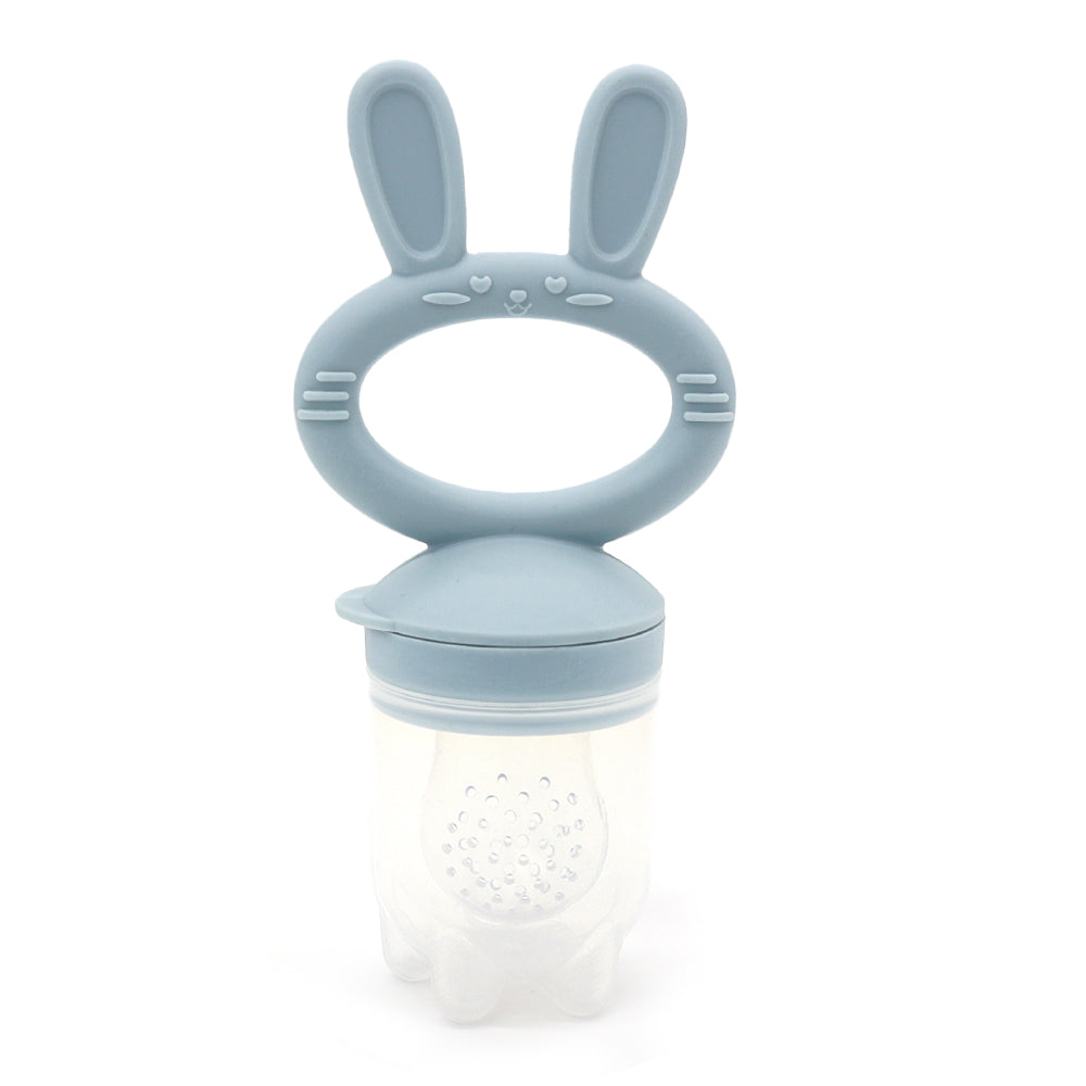 “Dusty blue silicone bunny fruit feeder for babies, designed for self-feeding and teething relief”