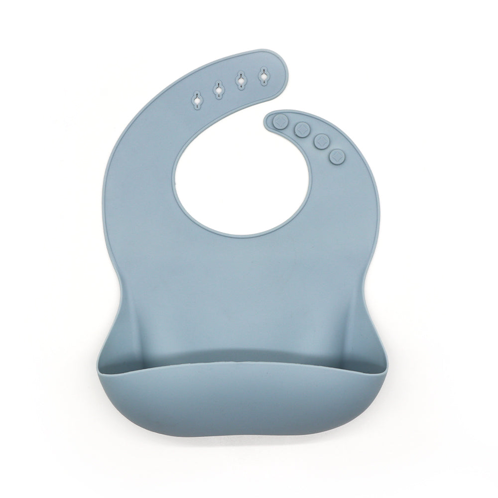 
The EleBib – Dusty Blue silicone baby bib with adjustable neck and deep food catcher pocket, BPA-free and waterproof