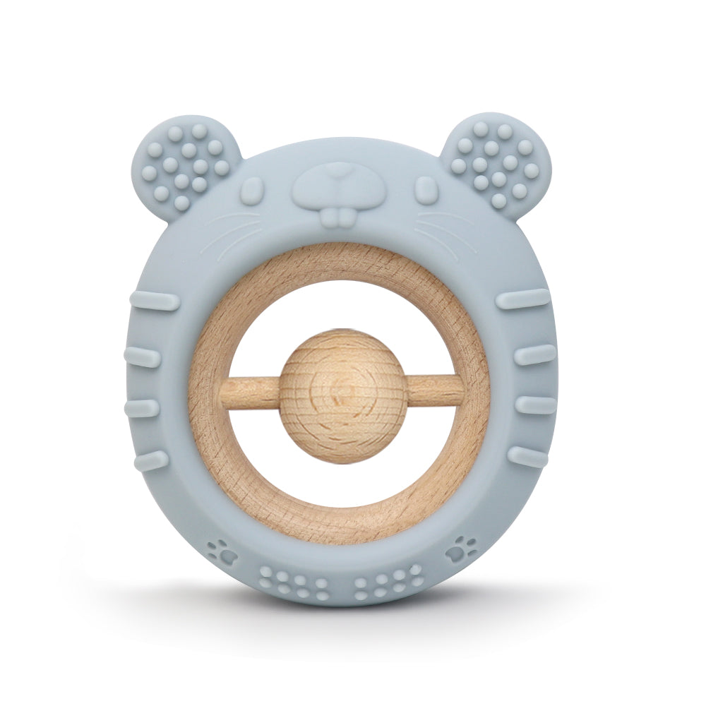 Teddy Twist Teether in dusty blue – bear-shaped silicone and wood baby teether