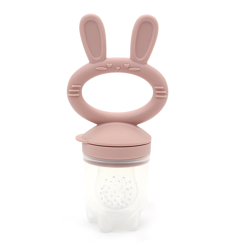 “Rose pink bunny-shaped silicone baby fruit feeder with clear food-safe container”