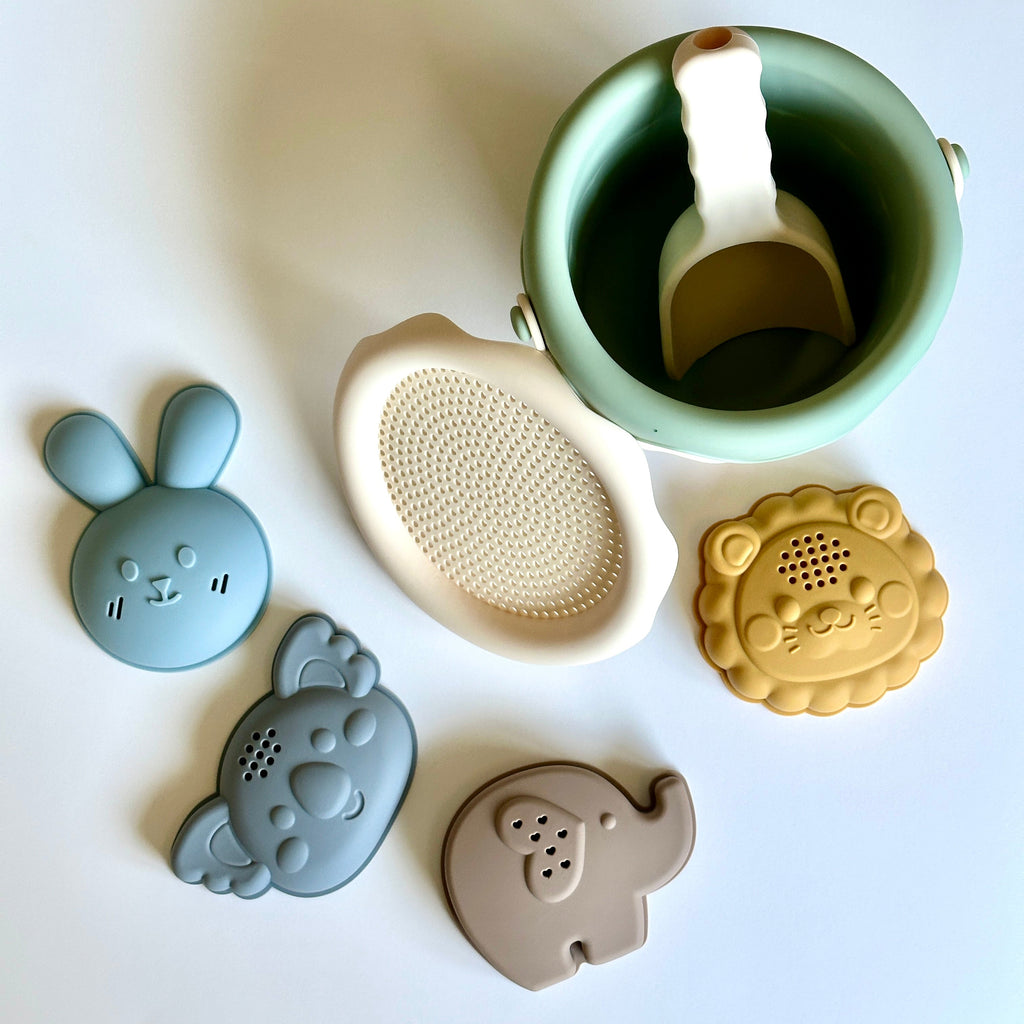 Bunny Bucket and Friends – silicone sand toy set with animal molds, bucket, and scoop